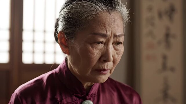 Elderly Woman Looking Down With Eyes Closed - Close-up of an elderly Asian woman with grey hair pulled back and her eyes closed, appearing pensive or sad.