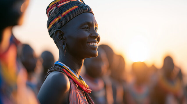 Radiant Portrait of a Proud Indigenous Woman from the Ommo Valley Celebrating Cultural Heritage During a Golden Hour Community Gathering