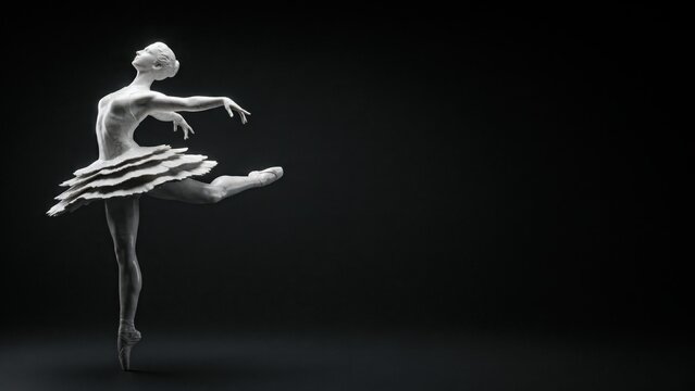 Graceful white ballerina sculpture on black background, elegant ballet dancer figurine in classic pose, minimalist artistic statue with copy space