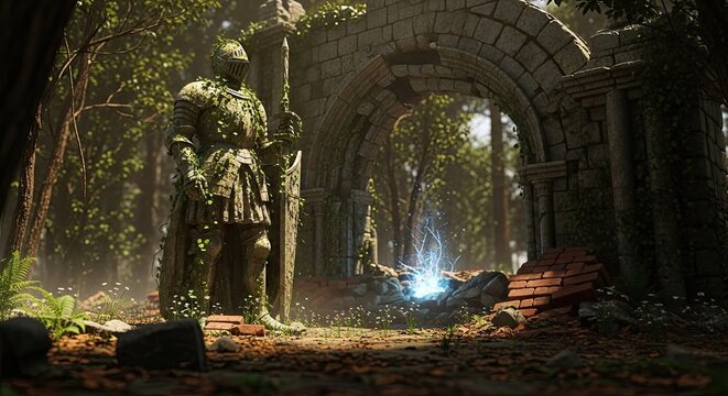 Stone portal ruins in forest with knight statue magic.