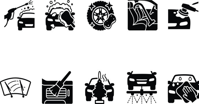 Car Wash Auto Detailing Cleaning Vehicle Service and Maintenance Black Vector Icon Set