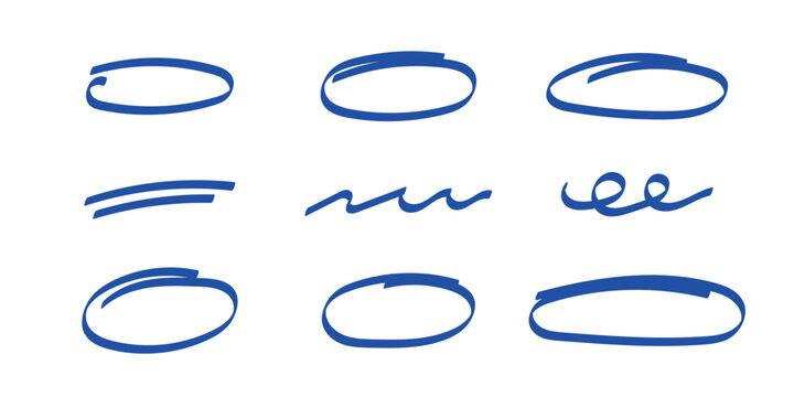 Hand drawn circles, pencil sketches featuring arrows, underlines, blue marker elements for creative highlighting, visual emphasis in design projects. Isolated doodle vector illustration.