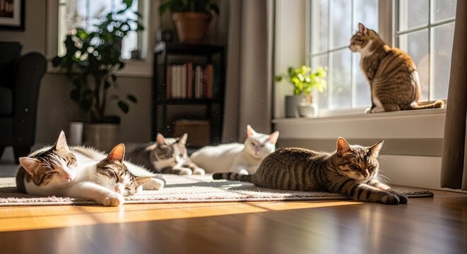 Group of domestic cats relaxing in a sunlit room.
