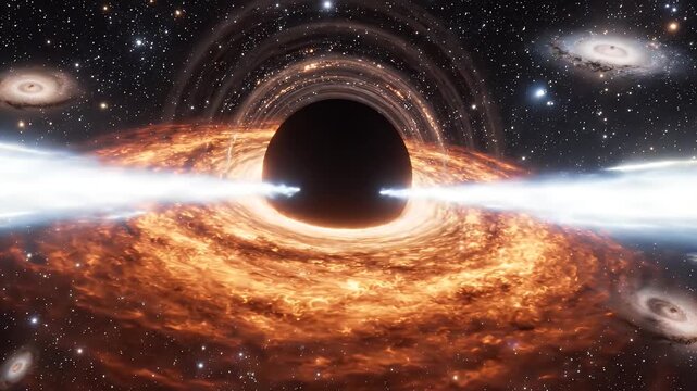 Black Hole Accretion Disk and Jets in Space - A dramatic depiction of a black hole actively feeding on surrounding matter, forming a superheated accretion disk and ejecting powerful jets of plasma.
