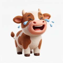 Obraz premium Cute 3D cartoon cow laughing so hard it is crying tears of joy, funny brown and spotted farm animal character with cheerful expression and fluffy fur texture for children projects