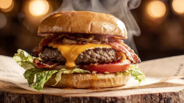 Juicy Bacon Cheeseburger with Melted Cheese and Lettuce - A close-up shot of a delicious bacon cheeseburger on a rustic wooden board.