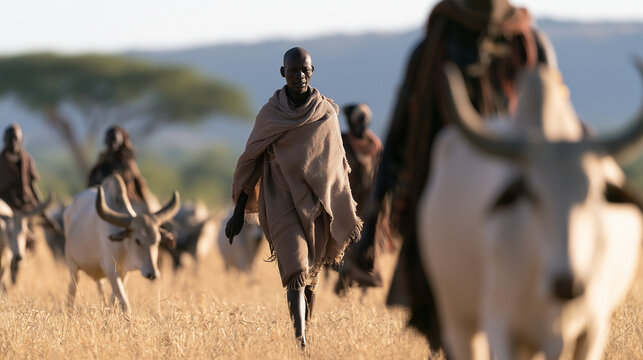 Bodi tribesmen herding cattle across the golden plains of the Ommo Valley during the morning light in a traditional rural Ethiopian landscape