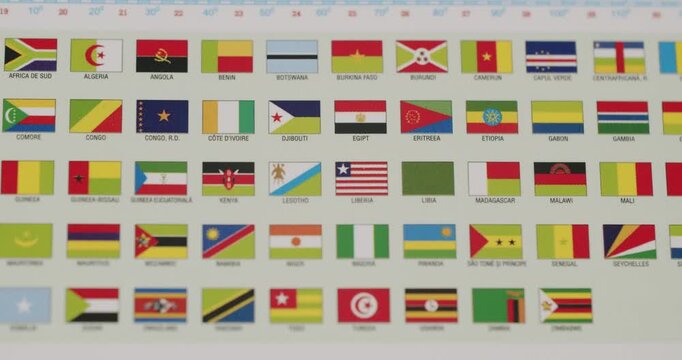 Complete collection of all national flags from the African continent displayed on a printed sheet, showing the colorful ensigns and symbols of each nation for educational or referential purposes