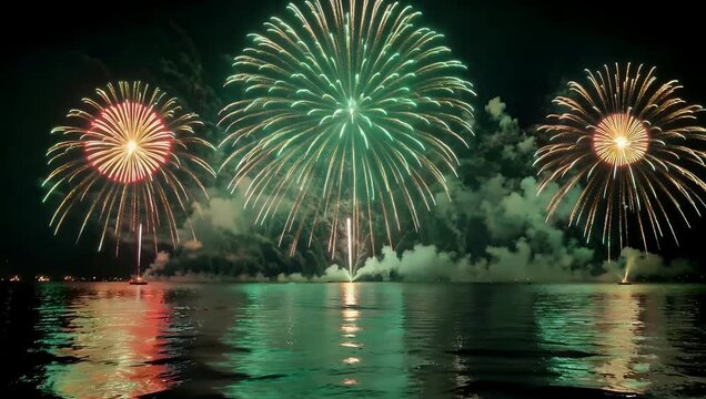 Spectacular 4K Ultra HD night video capturing brilliant red and emerald fireworks exploding overhead and reflecting across calm harbor waters during an outdoor holiday festival celebration