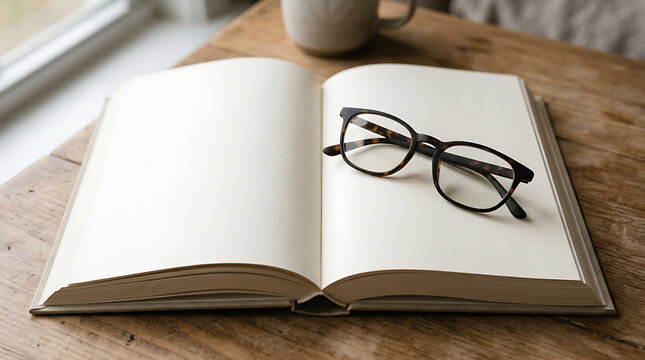 Blank Open Book with Elegant Eyeglasses on Rustic Wooden Desk Mockup Scene