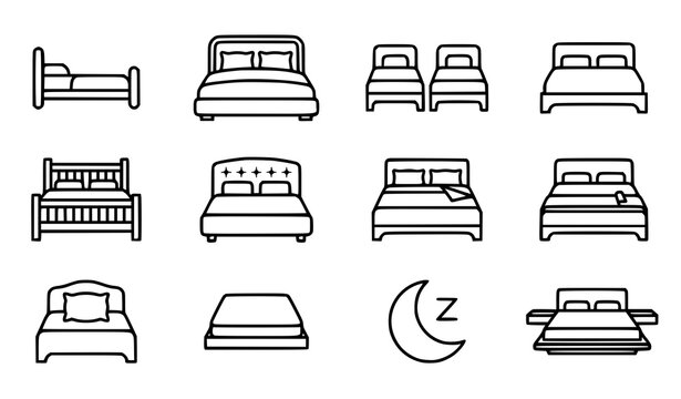 Set of various bed and furniture icons featuring different styles of bedroom sleeping arrangements in black outline style