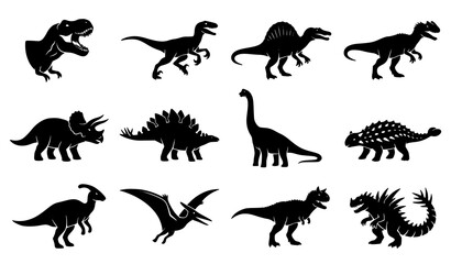 Set of black silhouettes of various prehistoric dinosaurs isolated on a white background for design projects © Shamim