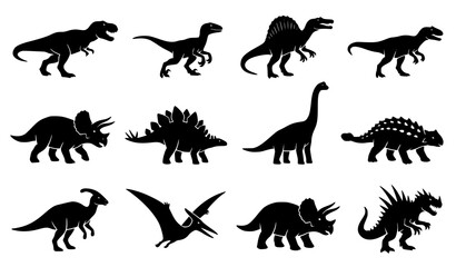 Set of black silhouettes of various prehistoric dinosaurs and flying reptiles on a white background © Shamim