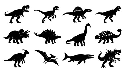 Set of black silhouettes of various prehistoric dinosaurs and extinct reptiles isolated on a white background © Shamim