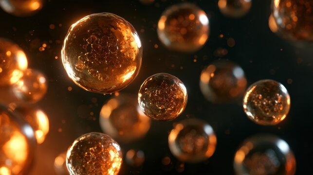 Tiny glowing exosome vesicles transport regenerative cargo between cells in a dark setting showing intercellular communication.