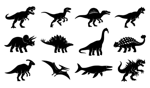 Set of black silhouettes of various prehistoric dinosaurs and extinct reptiles isolated on a white background