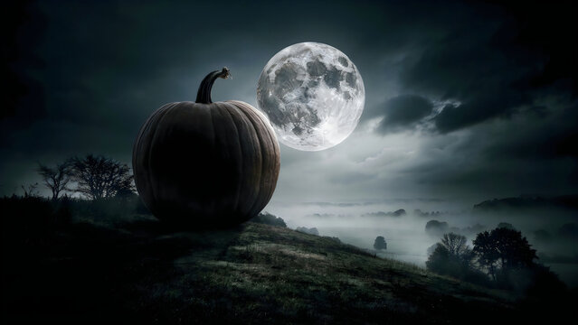 Large pumpkin sitting on a grassy hill under a bright full moon at night with hillside beneath glowing giant pumpkin rests
