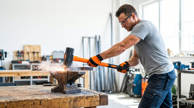Man swinging sledgehammer striking steel on anvil in workshop  