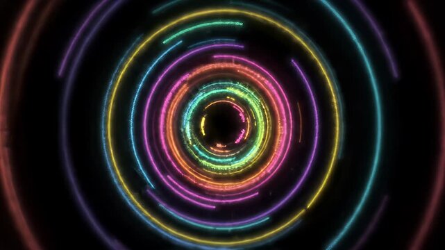 Colorful Neon Circles Tunnel Background - Abstract background featuring concentric circles of vibrant neon lights, creating a tunnel effect.