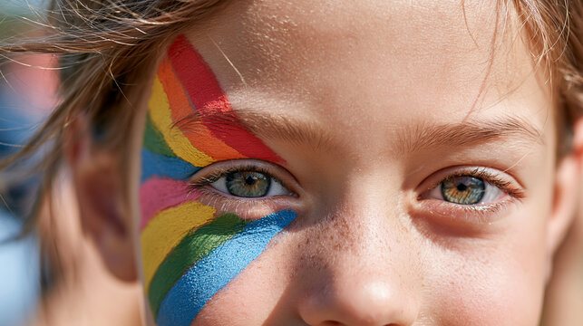 Close detail of a cute European girl&rsquo;s colorful festival face paint focused on one cheek and temple while her eyes stay outside the crop, with a bright softly blurred party background, face