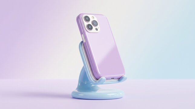 Pastel pink smartphone charging on a modern wireless stand against a gradient background