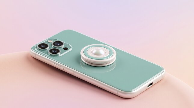 Pastel green smartphone with white pop socket resting on light pink background