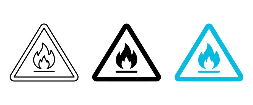 Flammable warning sign icons, set of 3 fire hazard triangle symbols, combustible material alert vector for industrial safety and lab security