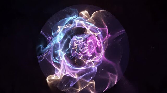 Purple Nebula Tunnel Abstract Background - A dark tunnel frames a view into a vibrant, swirling nebula. Wisps of purple, blue, and pink light intertwine, creating an abstract and cosmic effect.