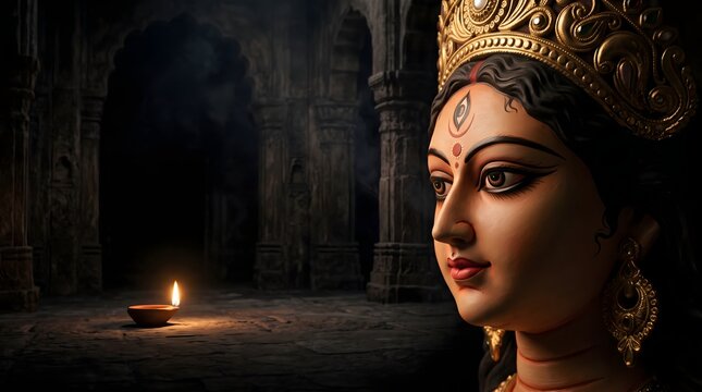 Goddess durga face idol with glowing diya in a dark temple setting with ornate gold crown