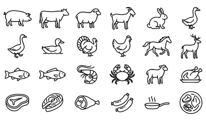 Obraz premium Animal Meat Poultry Seafood and Protein Food Line Icon Set