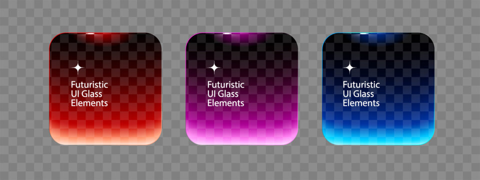 Glass neon effect frames with shining edges and highlights. Purple, red and blue geometric square shapes. Website and user interface UI UX design. Vector illustration on transparent background