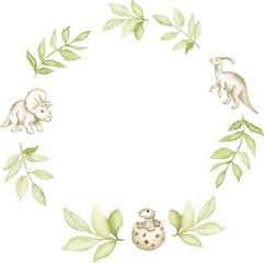 Cute Watercolor Dinosaur Botanical Wreath © liliia_sinhina