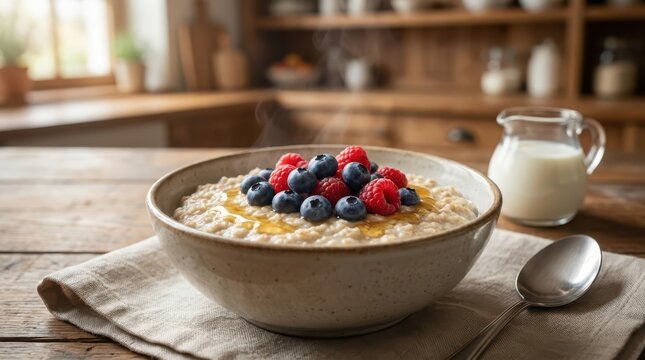 Healthy breakfast bowl with oatmeal topped berries and milk