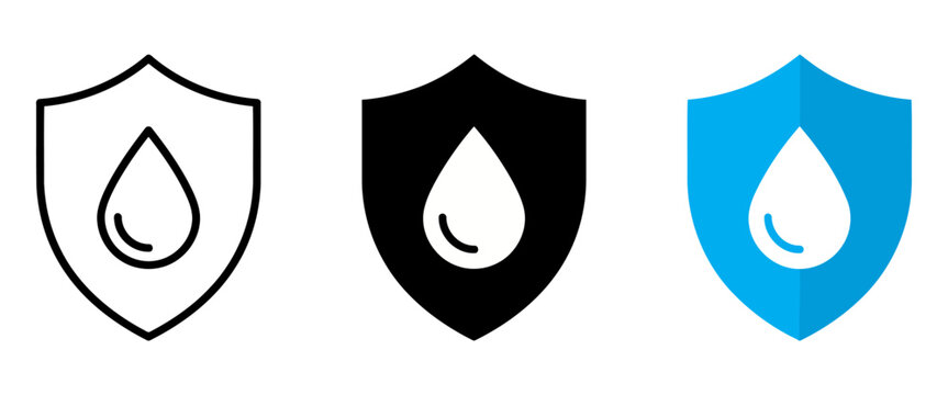 Waterproof shield icon set, water resistant protection symbols, liquid proof security signs in outline and flat styles, 3 vector assets for product packaging