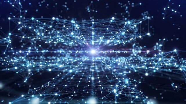 Digital Network Connections Abstract Background - This abstract background features a mesmerizing network of interconnected glowing blue nodes and lines against a dark backdrop.