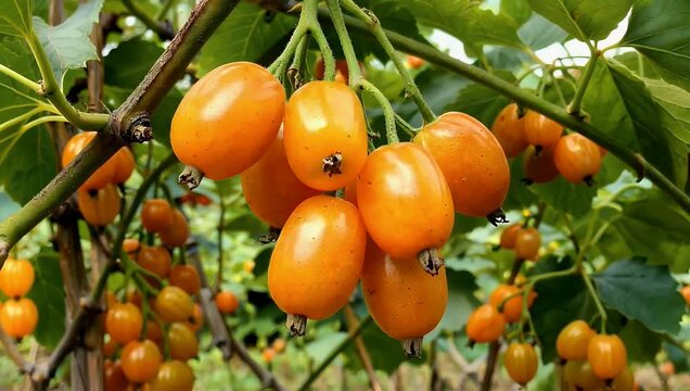 Tropical 4K Ultra HD close-up shot of a cluster of bright orange Barbados gooseberries hanging heavily from a garden vine highlighting mature fruit ready for harvest in organic farming and botanical