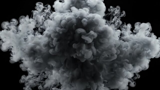 Dark Gray Smoke Explosion on Black Background - A dynamic and voluminous explosion of dark gray smoke billowing outwards against a stark black background.