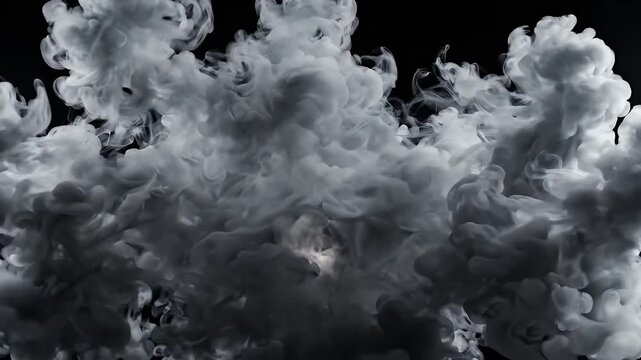 Abstract Swirling Smoke Clouds on Black Background - Dynamic, ethereal plumes of white and gray smoke or ink swirl and expand against a stark black backdrop.
