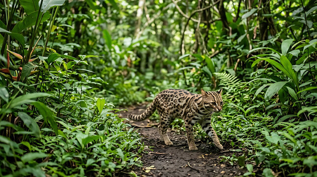 An elusive leopard cat prowls through a lush, green tropical rainforest on a dirt path