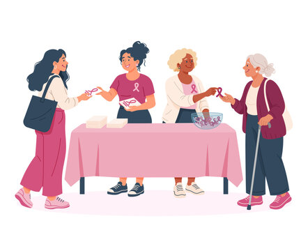 Illustration vectorielle de femmes b&eacute;n&eacute;voles distribuant des rubans roses sur un stand d&eacute;di&eacute; &agrave; la sensibilisation au cancer du sein. Une sc&egrave;ne interg&eacute;n&eacute;rationnelle &eacute;voquant Octobre rose.