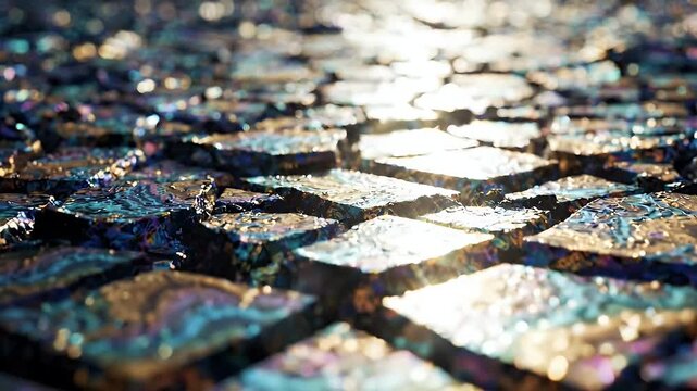 Iridescent Cracked Surface Texture - A close-up, abstract view of a surface composed of dark, irregularly shaped pieces that appear cracked and filled with iridescent, liquid-like material reflecting