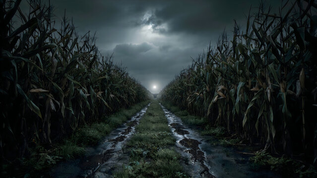 A muddy dirt path running between tall corn stalks under a dark stormy night sky with between rows mature plants under cloudy