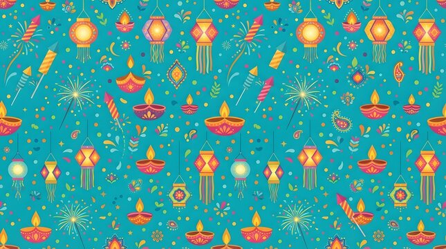 Seamless pattern background with diwali lamps and lanterns