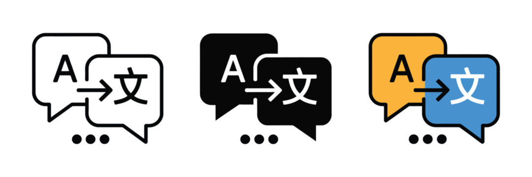 Translation icon set featuring language symbols, letters, and character speech bubbles for multilingual communication, interpretation, learning, and localization.