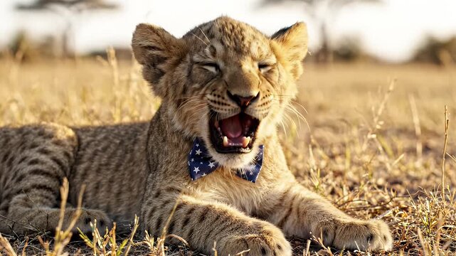 Adorable Lion Cub Yawns in Bowtie - A young lion cub with a patriotic bowtie yawns widely, showing its tiny teeth and pink tongue.