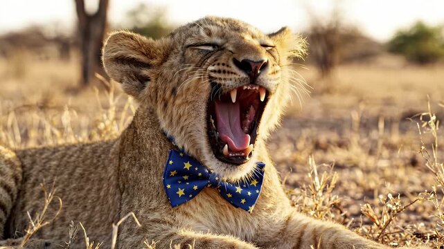 Adorable Lion Cub Yawns in Bow Tie in African Savanna - A young lion cub is caught in a wide yawn, showcasing its sharp teeth and tongue, while wearing a charming blue bow tie adorned with yellow
