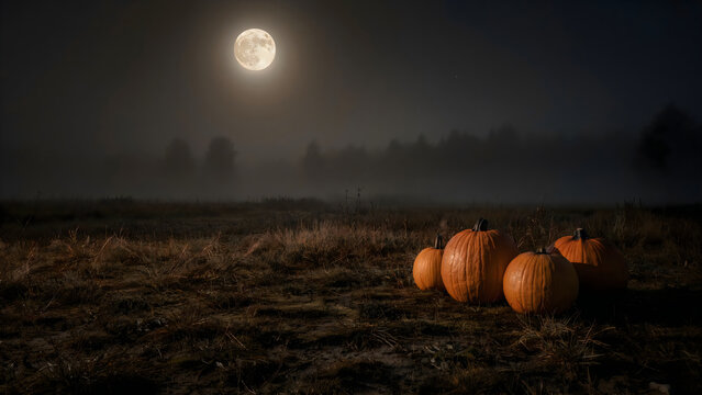 Orange pumpkins sitting on a grassy field under a full moon in a foggy night with pumpkins rest dark several orange
