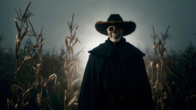 A skull headed figure wearing a hat and cloak standing in a foggy corn field with skeletal figure glowing stands field dried