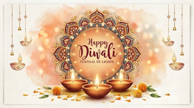 Happy diwali festival of lights greeting with diya lamps