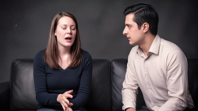 Stressed couple arguing on couch during intense domestic conflict. Static medium shot.